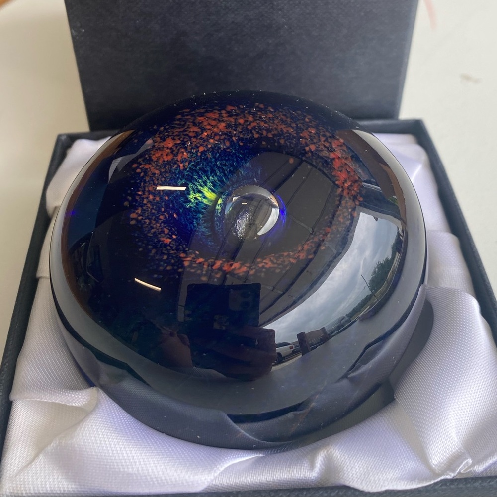 SIGNED Garcia Handmade Glass Paperweight Dark Blue with orange Swirl 2000!
